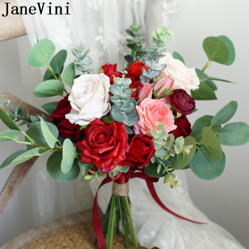 JaneVini-빈티지 레드 로즈 웨딩 부케, 2020 인공 신부 꽃을 들고 핑크 수제 신부 부케 핸들 액세서리
